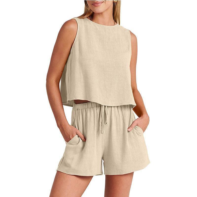 Women's Set Summer Sleeveless Tops And Drawstring Shorts-Apricot-4