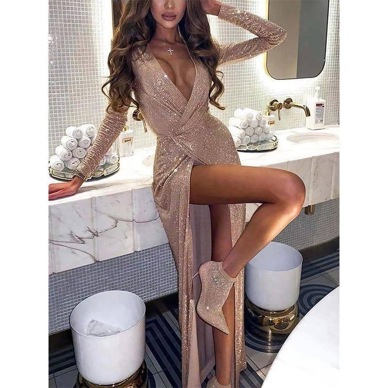 Women's Sexy Slim Evening Dress Long Sleeve Dress-Champagne gold-13