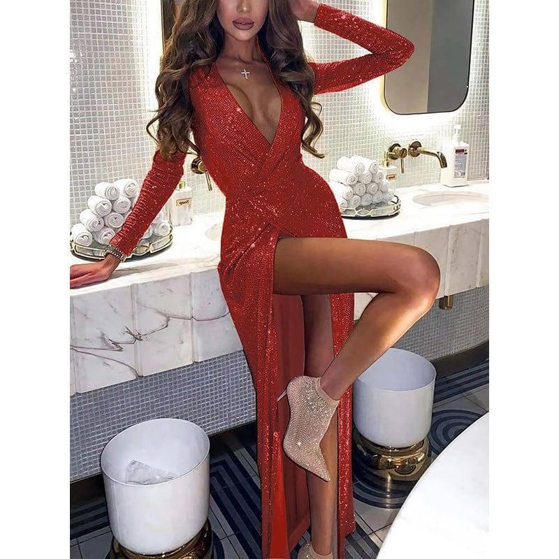 Women's Sexy Slim Evening Dress Long Sleeve Dress-Red-8