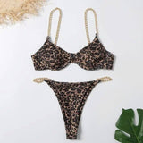 Women's Sexy Split Chain Solid Color Halter Strap Bikini-Leopard-2