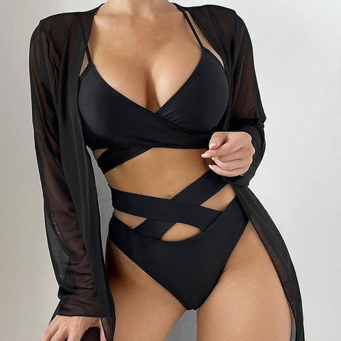 Women's Shawl Blouse Sunscreen Bikini Three-piece Set-Black-10