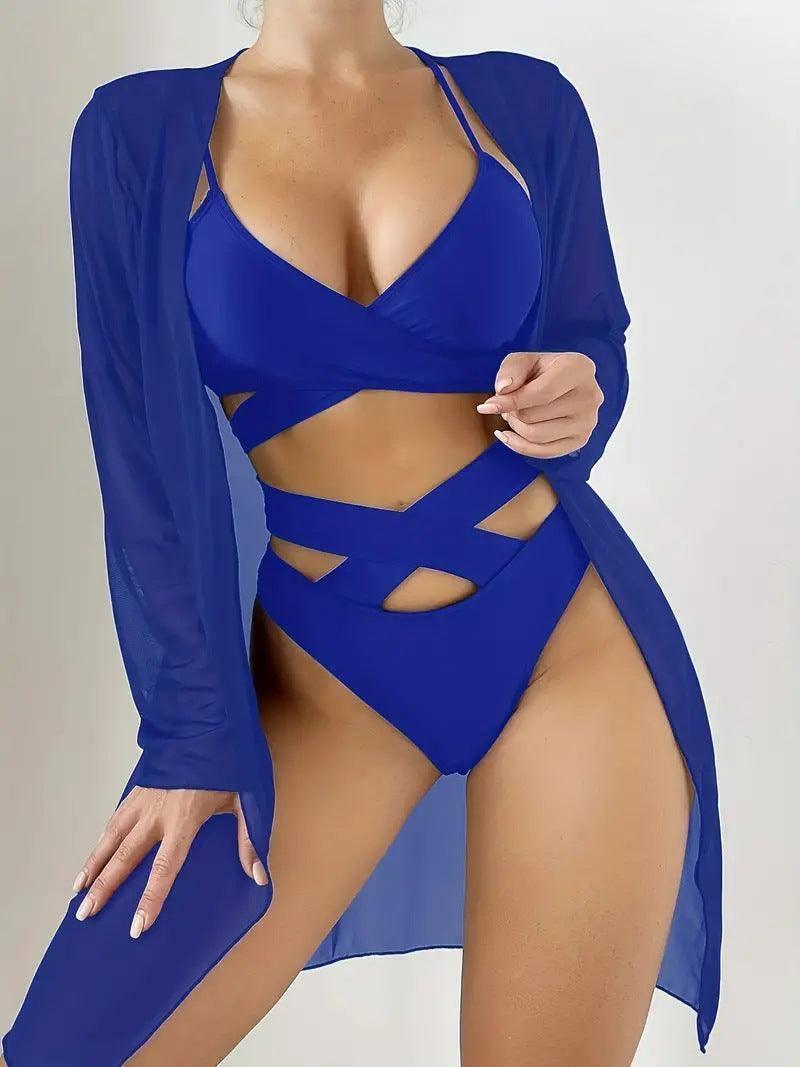 Women's Shawl Blouse Sunscreen Bikini Three-piece Set-Blue-6