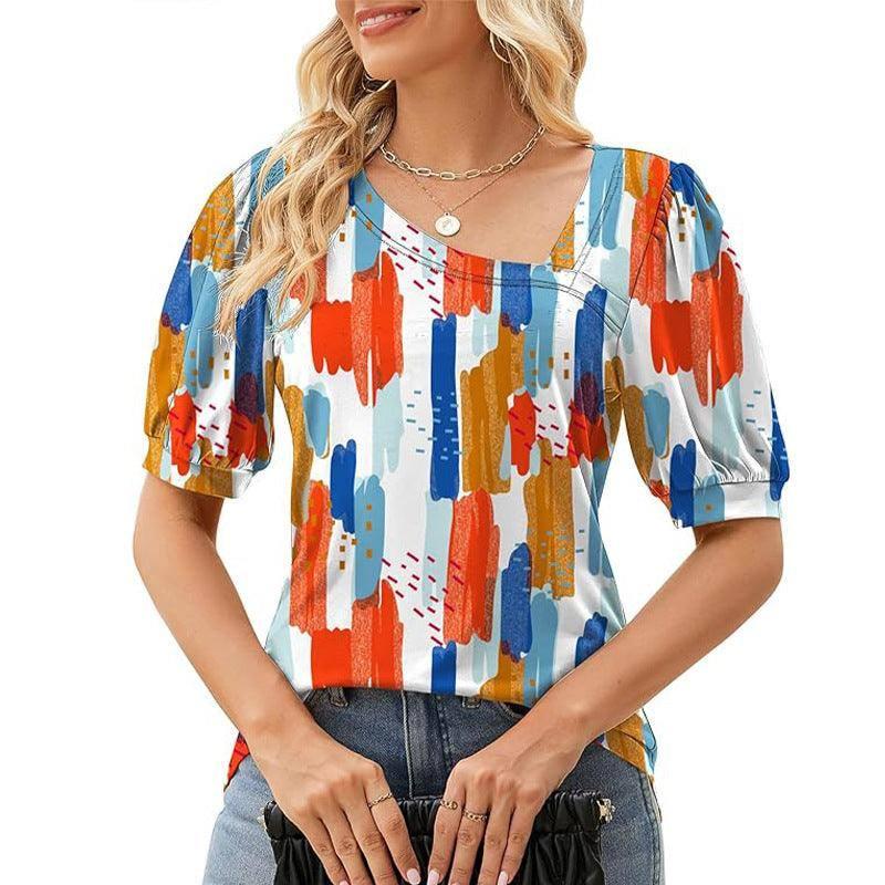 Women's Short Sleeve Irregular Puff Sleeve Loose Floral-Pattern 4-5