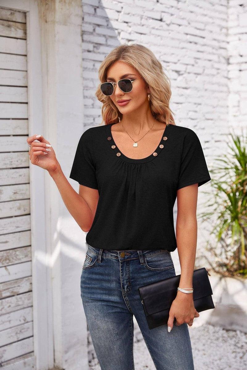 Women's Short-sleeved T-shirt Summer Button Square Collar Pleated Design Solid Color Loose T-shirt Womens Clothing-Black-2