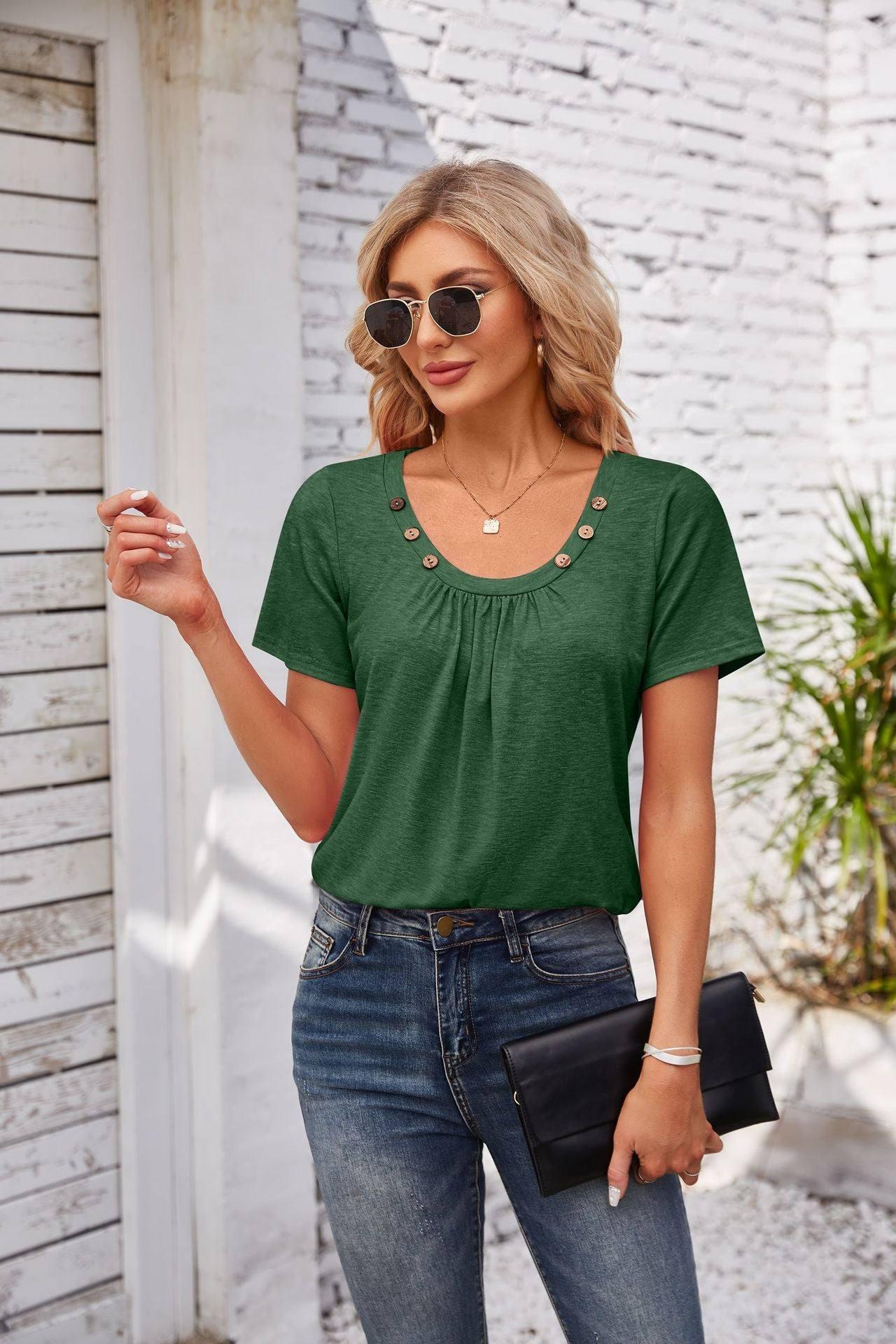 Women's Short-sleeved T-shirt Summer Button Square Collar-Green-5