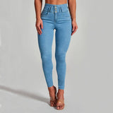 Women's Skinny Trousers - High Waist Shaping and Hip Lifting-Light Blue-2