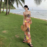 Women's Slim Retro Oil Painting Color Sling Dress-Picture Color-1