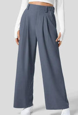 Women's Solid Color Casual Suit Pants With Real Pockets-Blue-9