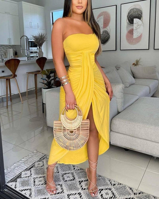 Women's Solid Color Sexy Tube Top Pleated Slit Sleeveless-Yellow-2