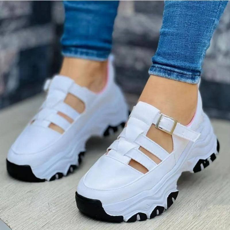 Women's Sports Shoes Buckle Thick-soled Flat Shoes Summer Sandals-White-5