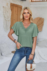 Women's Spring And Summer Lace Ruffle Sleeve Solid Color-Green-12