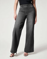 Women's Straight Jeans Mid Waist Wide Leg Pants High Elastic-Black-2