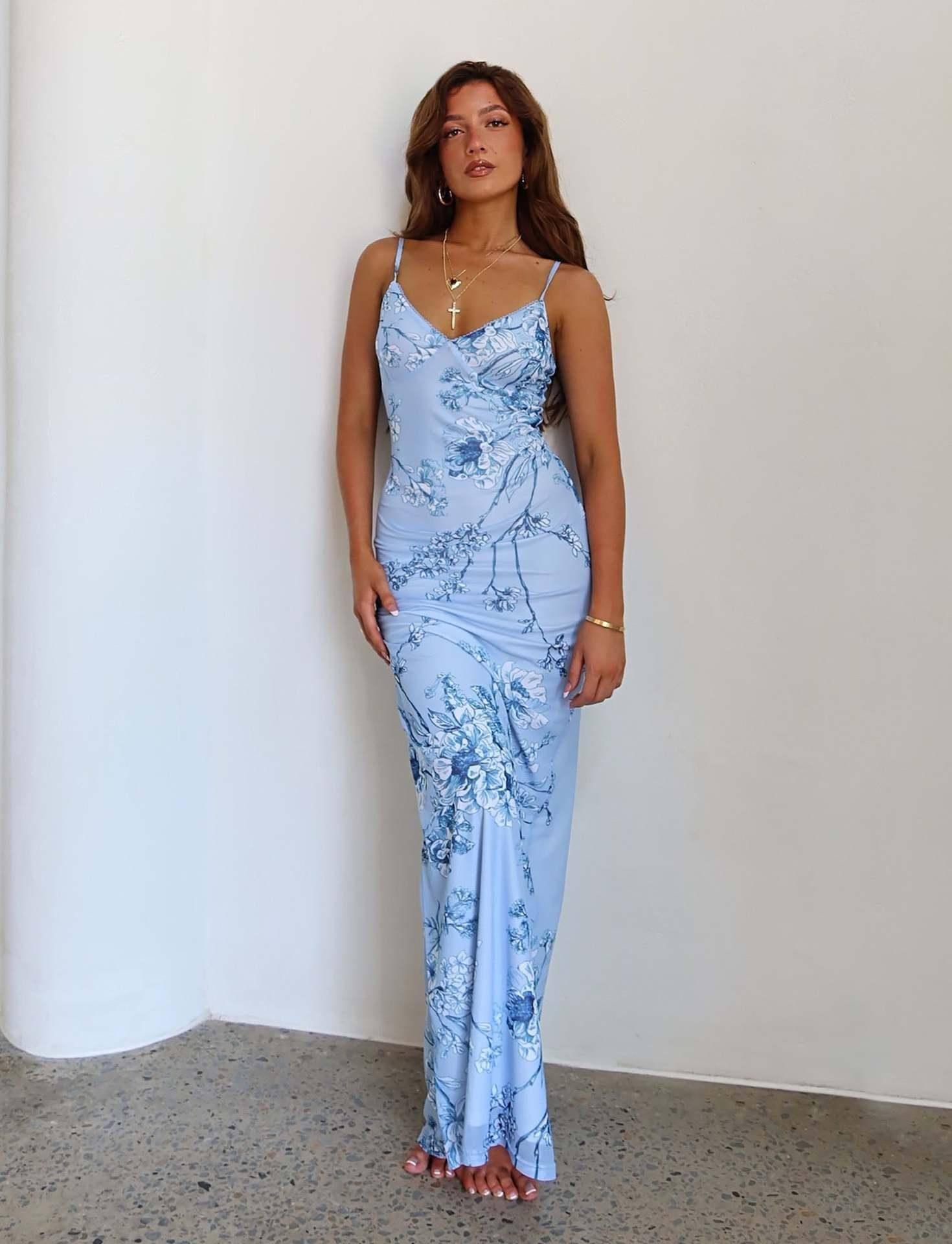 Women's Summer Vacation Leisure Slim Fit Printing Slip Dress-Light Blue-7