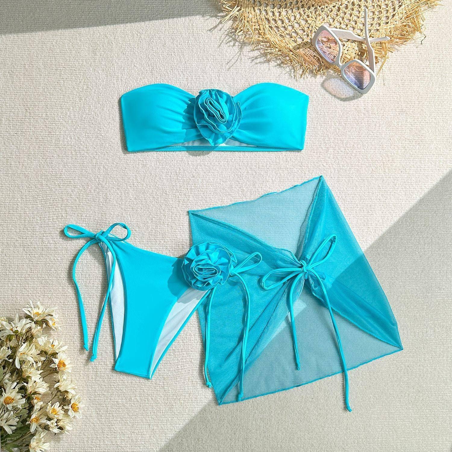 Women's Tube Top With Three-dimensional Big Flower Tied-Blue-7