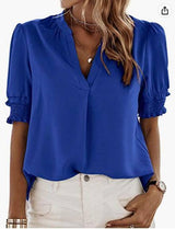 Women's V-neck Casual Short-sleeved Solid Color Chiffon-Blue-7