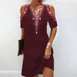 Women's V-Neck Off Shoulder Printed Short Sleeve Dress-Wine Red-3