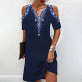 Women's V-Neck Off Shoulder Printed Short Sleeve Dress-Dark Blue-4