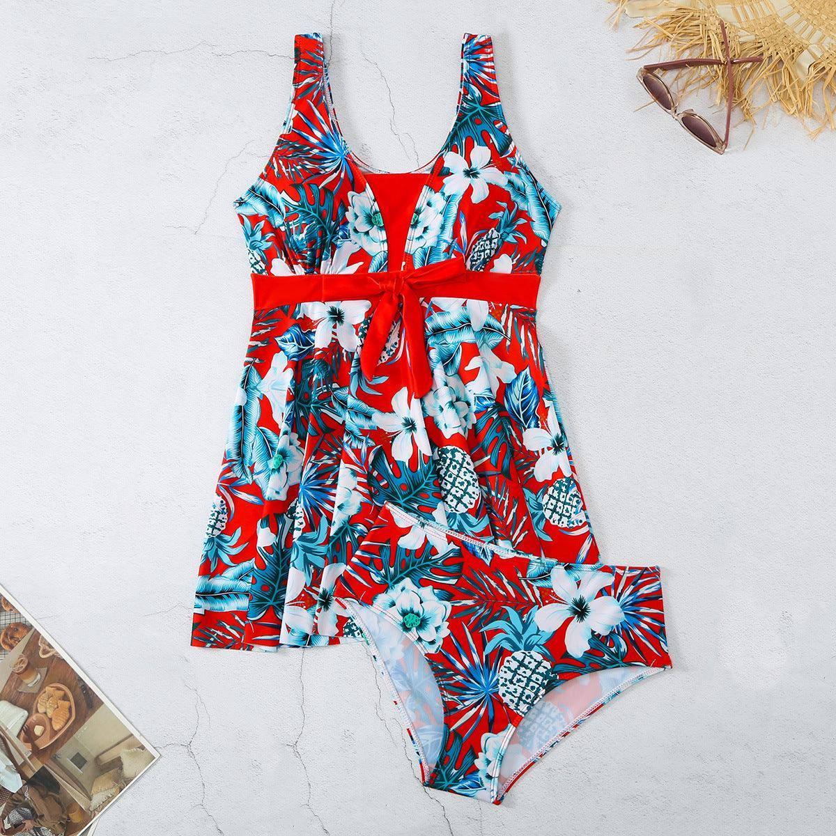 Women's V-neck Printed Split Bikini Swimsuit-Red-10