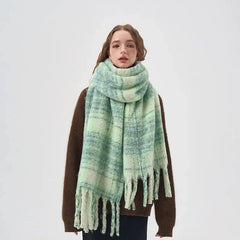 Women's White And Green Plaid Scarf-Thick Green Plaid-1