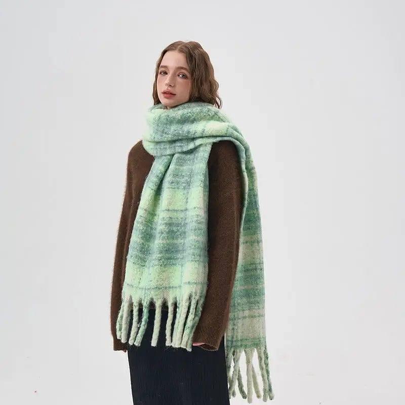 Women's White And Green Plaid Scarf-Thick Green Plaid-6
