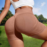 Women Sport Seamless Short Leggings High Waist Elastic Solid-Khaki-5