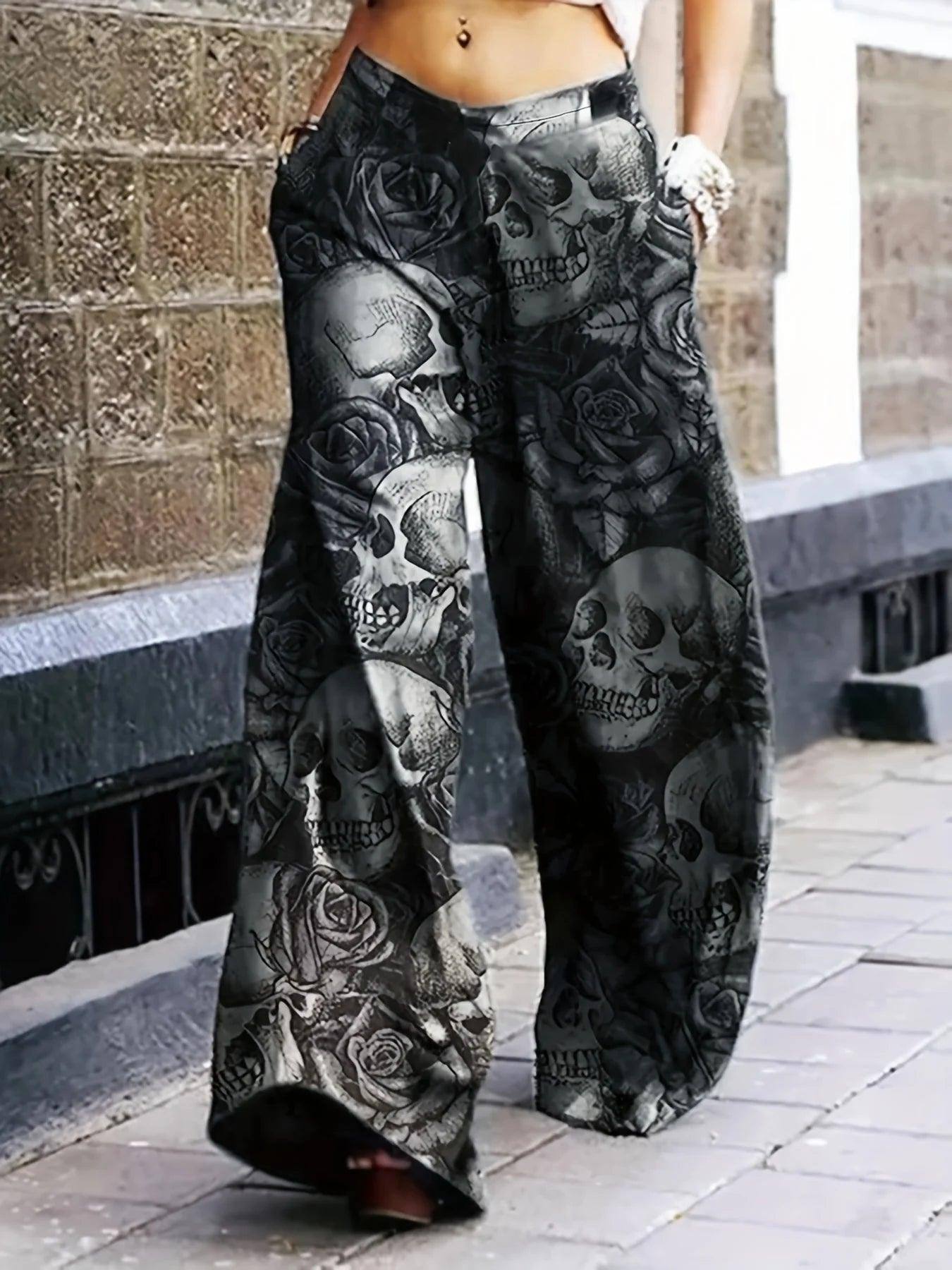Women Stylish Skulls Printed Wide Leg PanT With Pockets-Dark Gray-1