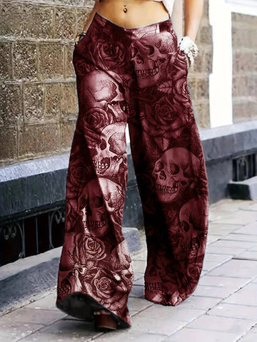 Women Stylish Skulls Printed Wide Leg PanT With Pockets-Red-4
