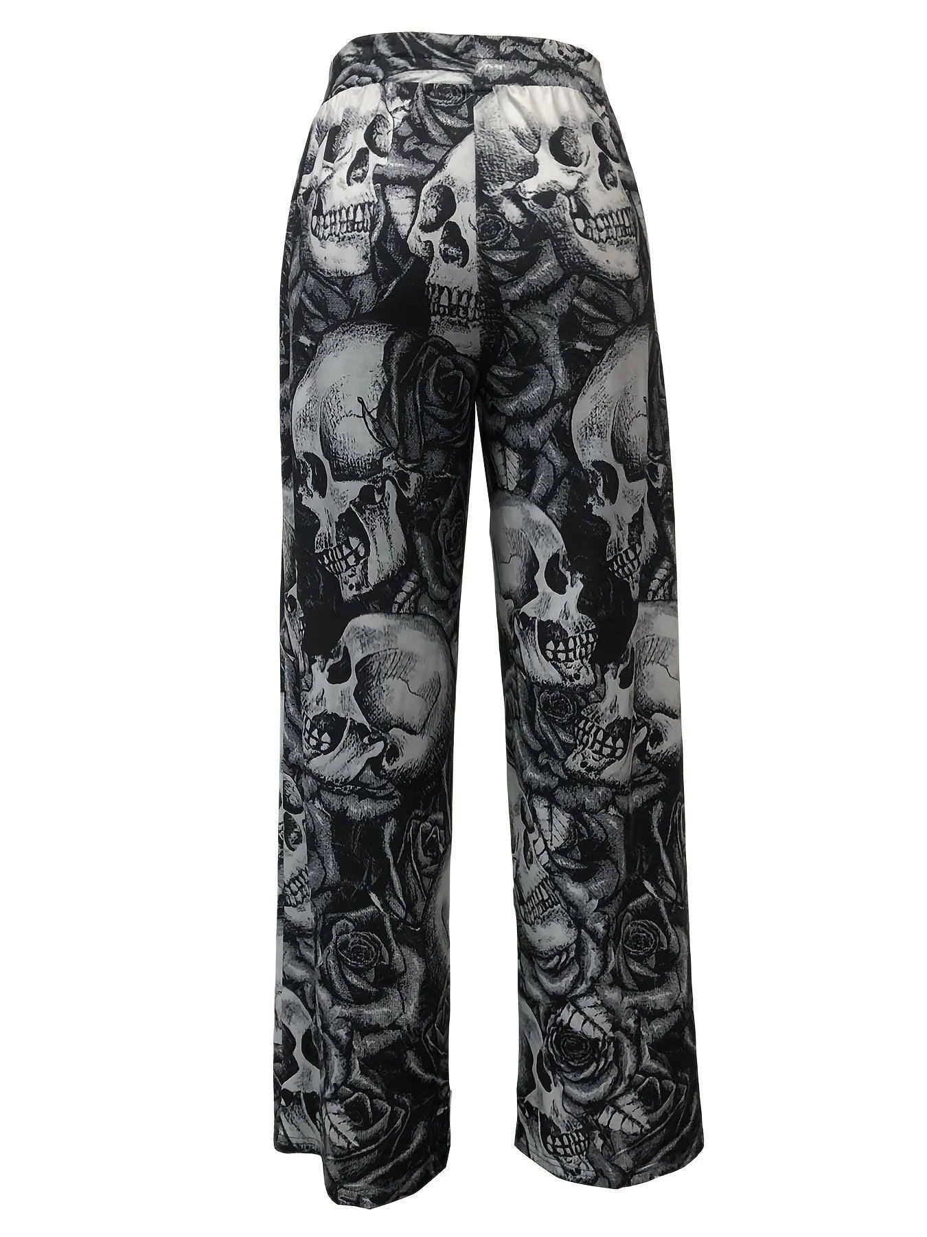 Women Stylish Skulls Printed Wide Leg PanT With Pockets-6