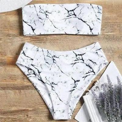 Women Wrapped Marble Printed Swimsuit Bikini Split Sexy-White-3