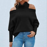 Womens Off Shoulder Sweaters Turtleneck Oversized Batwing-Black-4