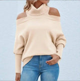 Womens Off Shoulder Sweaters Turtleneck Oversized Batwing-Apricot-5