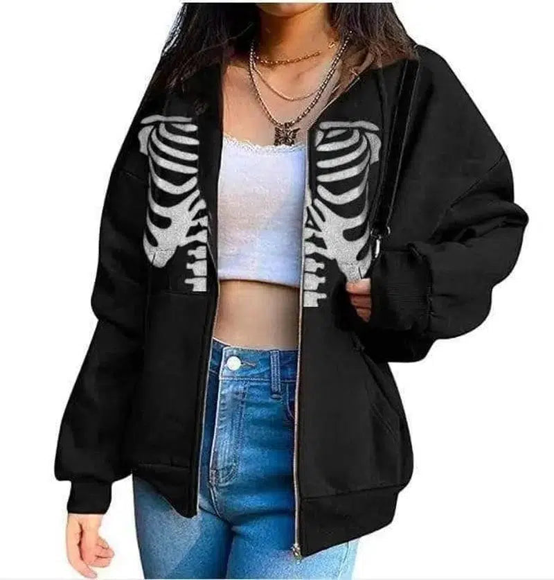 LOVEMI - Lovemi - Women's Streetwear Hooded Jacket Skeleton Print