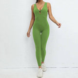 Yoga Jumpsuit V-shaped Back Design Sleeveless Fitness-Green-3