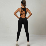 Yoga Jumpsuit V-shaped Back Design Sleeveless Fitness-Black-5