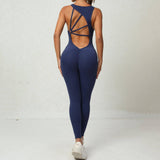 Yoga Jumpsuit V-shaped Back Design Sleeveless Fitness-Navy Blue-6