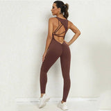 Yoga Jumpsuit V-shaped Back Design Sleeveless Fitness-Coffee-7