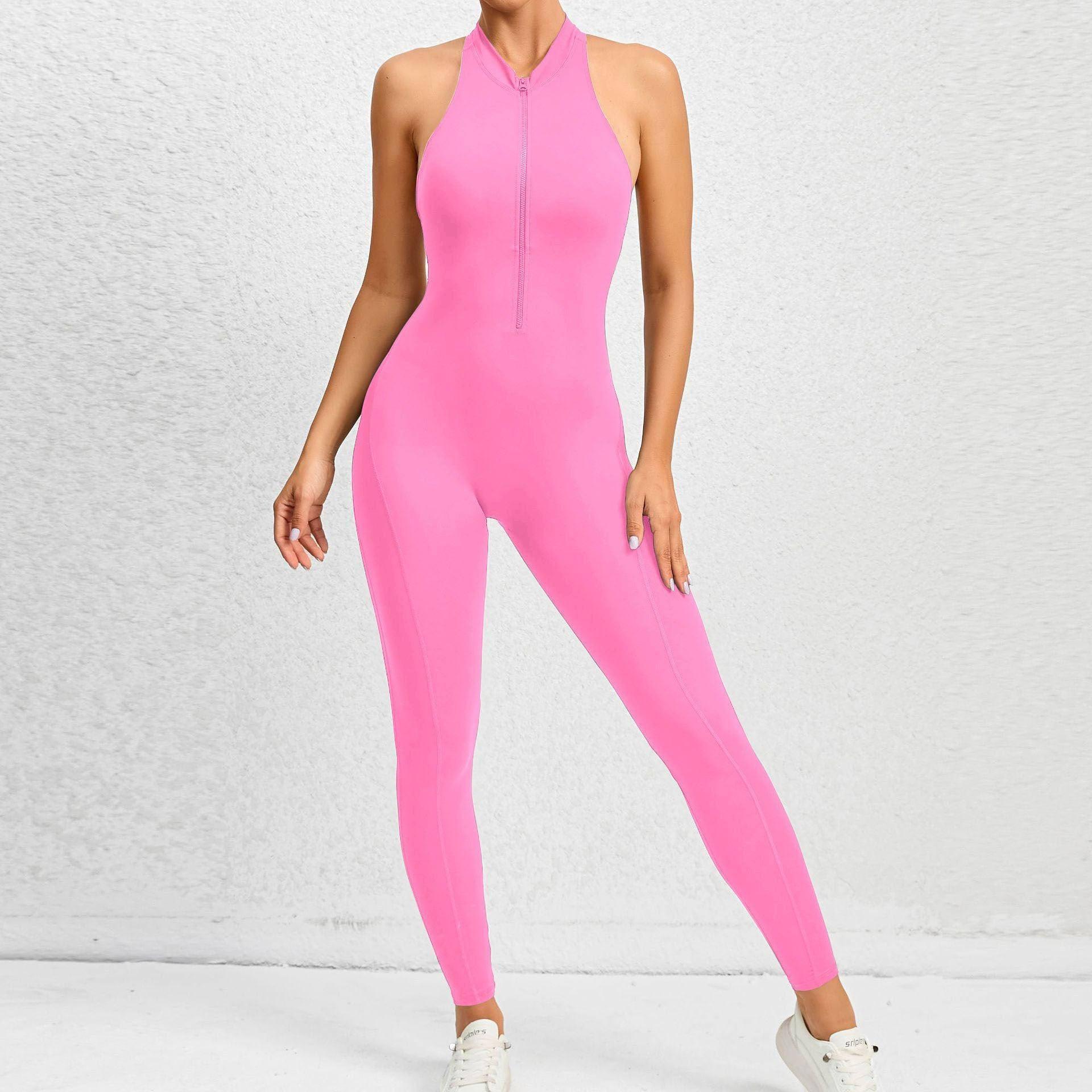Zippered Yoga Fitness Jumpsuit Sleeveless Tummy Control-Pink-13