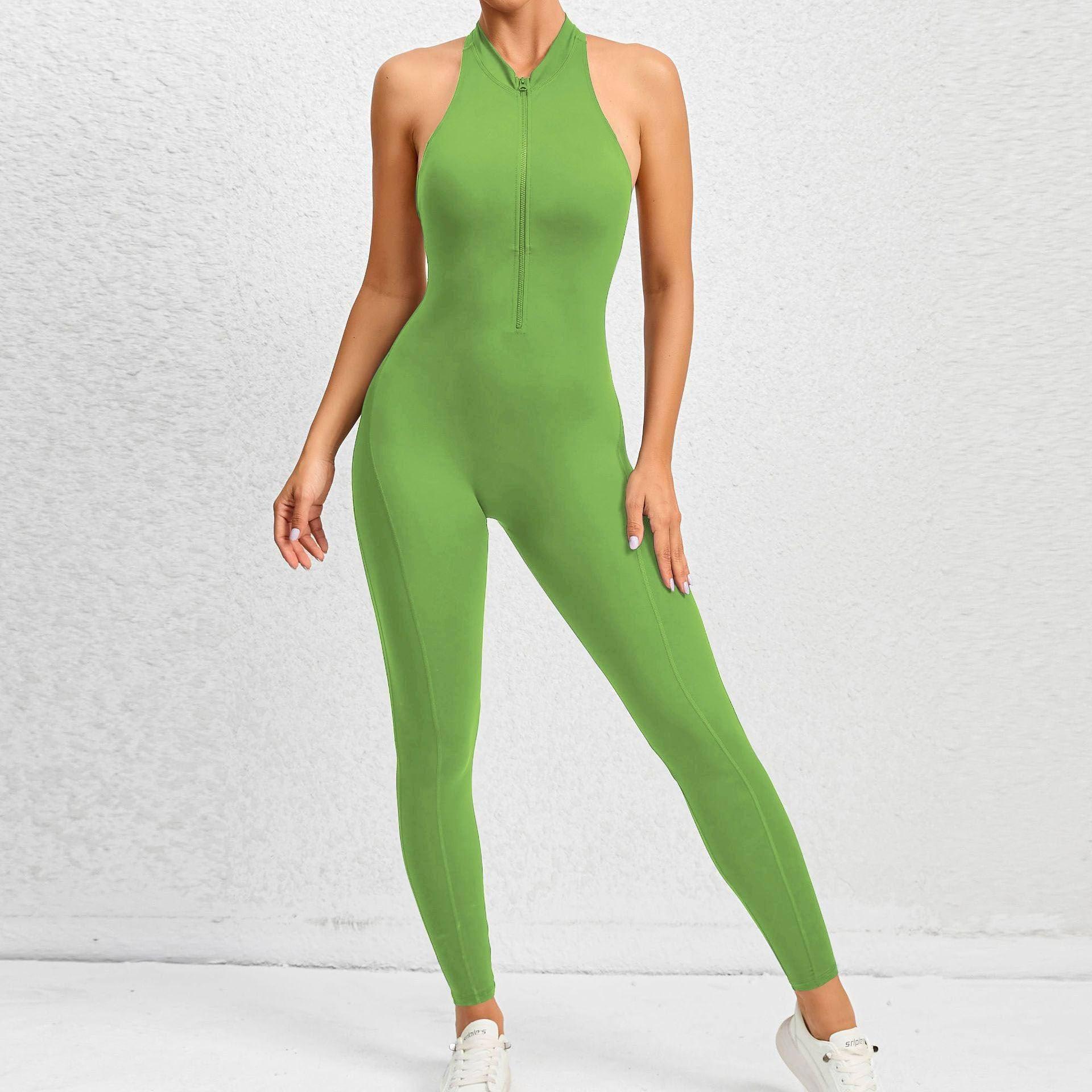 Zippered Yoga Fitness Jumpsuit Sleeveless Tummy Control-Apple Green-3