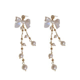 Zircon Pearl Bowknot Tassel Earrings Super Fairy Lady-Silver needle gold-2