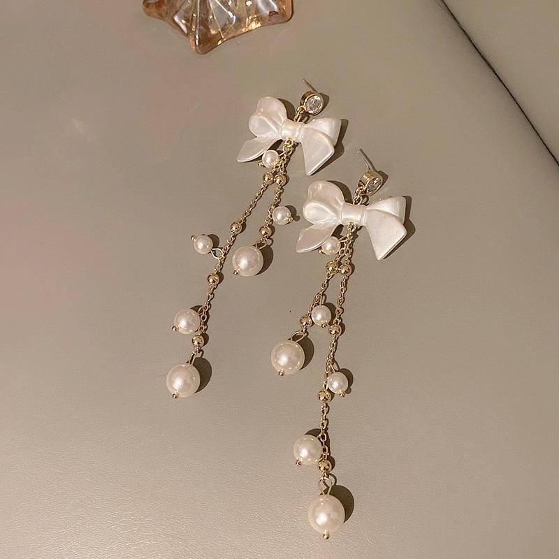Zircon Pearl Bowknot Tassel Earrings Super Fairy Lady-Silver needle gold-5
