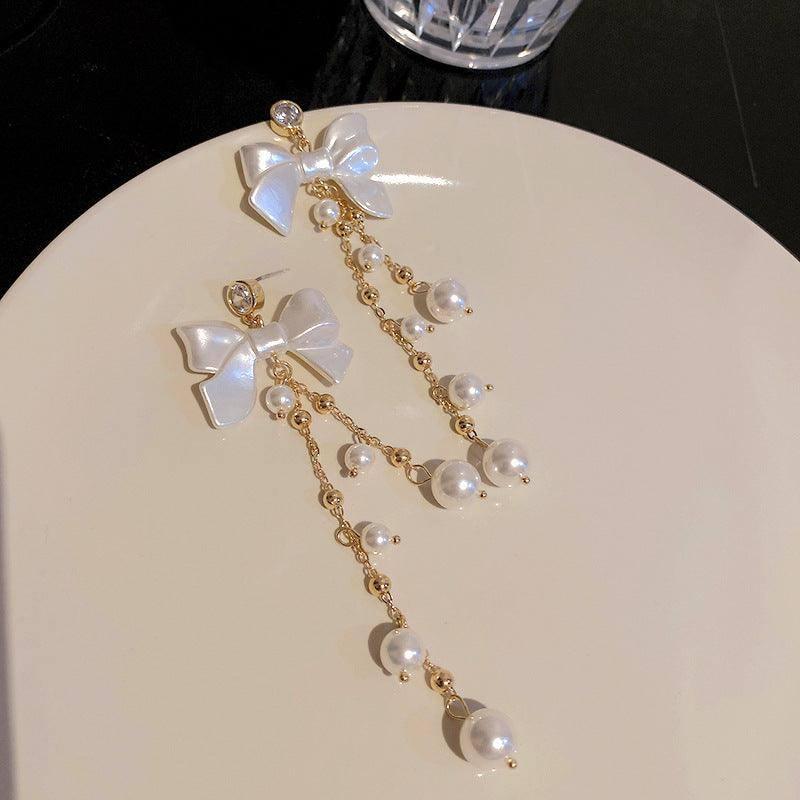 Zircon Pearl Bowknot Tassel Earrings Super Fairy Lady-Silver needle gold-7