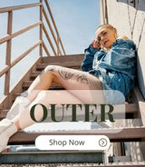 LOVEMI model sitting on outdoor stairs in a denim jacket and shorts, with visible tattoos, promoting the LOVEMI outerwear collection for the autumn season.