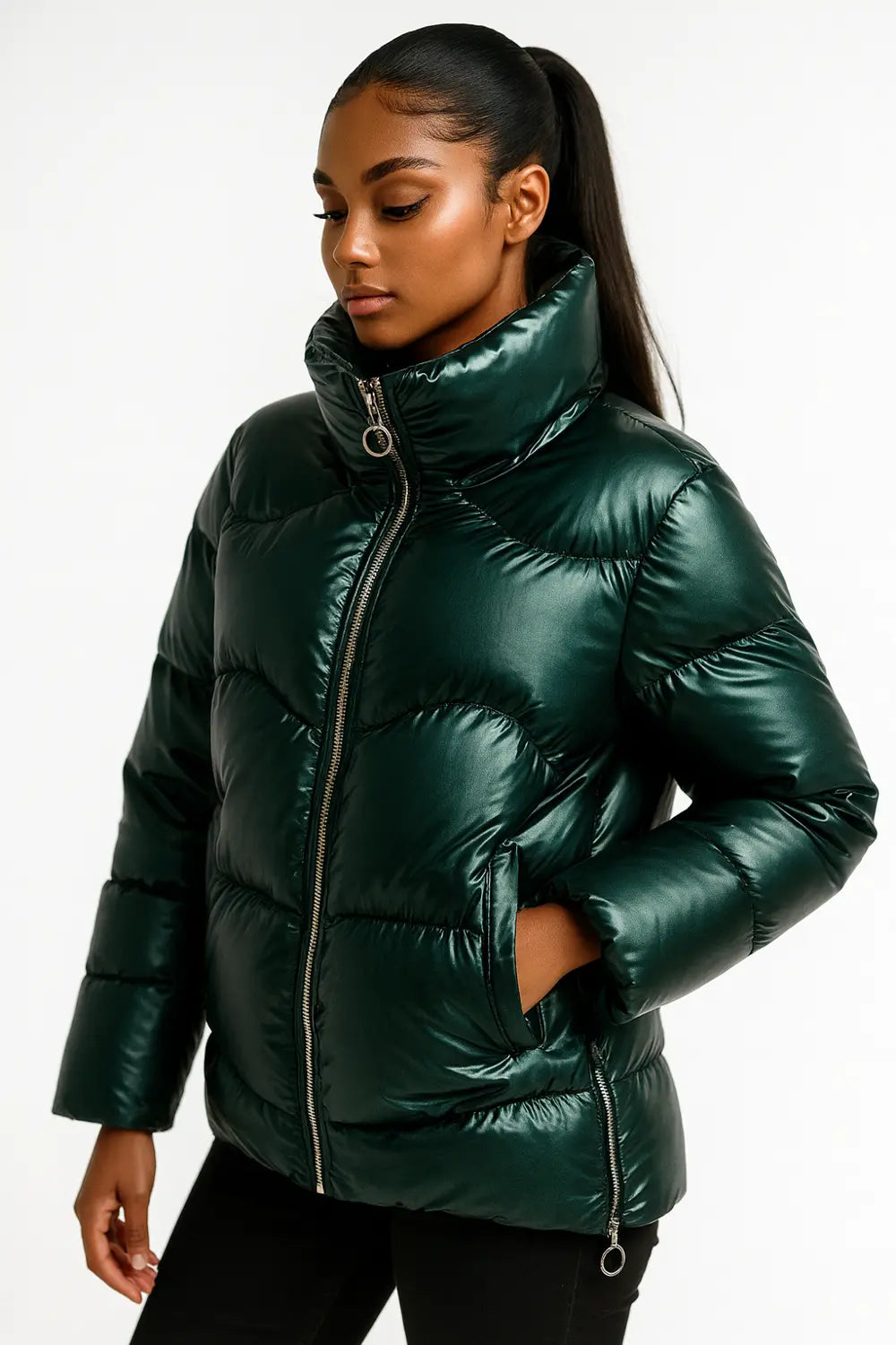 Dark green puffer jacket for women – shiny quilted winter coat with zipper