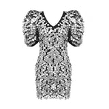 Sliver Sequins Mini Dress Women Short Sleeve V Neck Evening-Silver-10