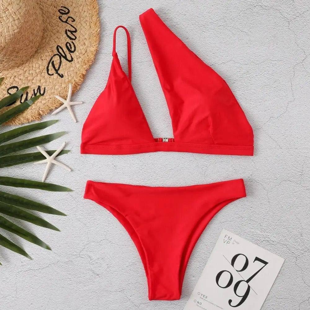 Solid Color One Shoulder Sexy Bikini-Red-3