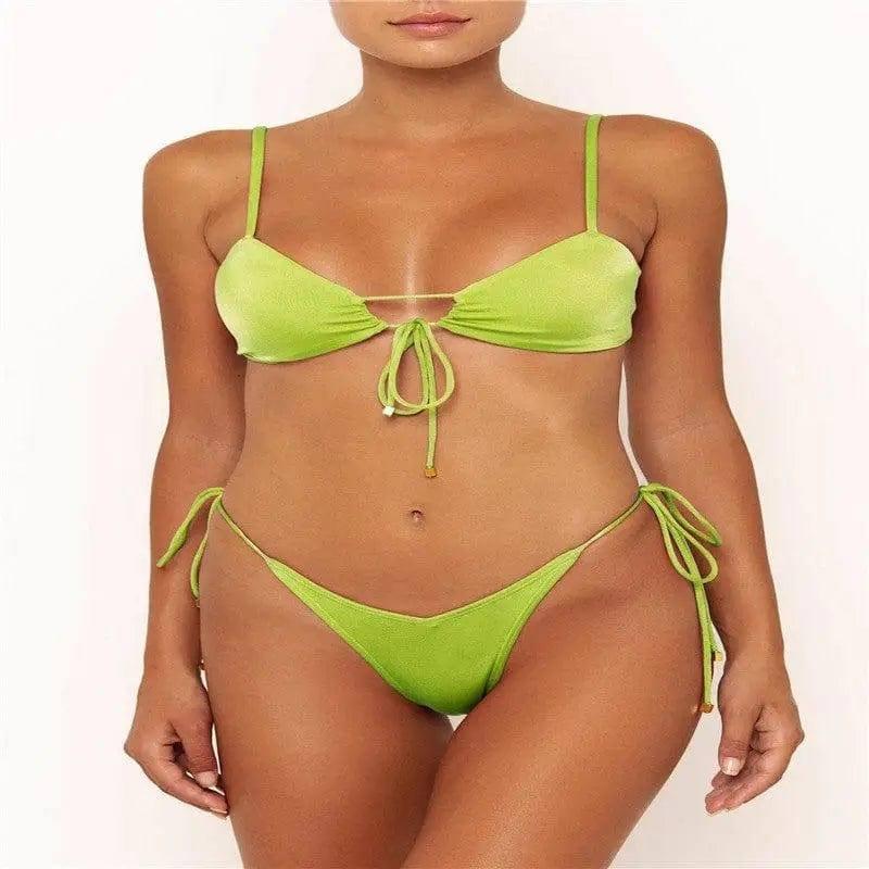 Split bikini with solid color strap-Green-8