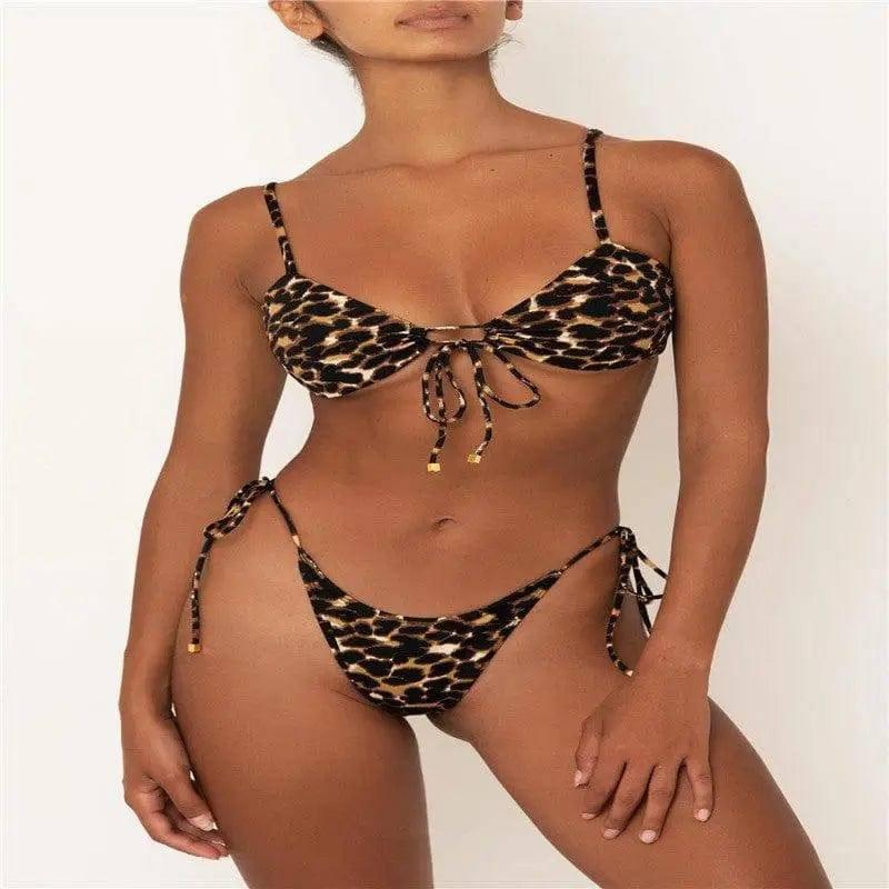Split bikini with solid color strap-Leopard-9