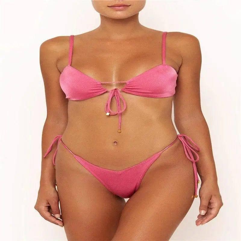 Split bikini with solid color strap-Pink-6