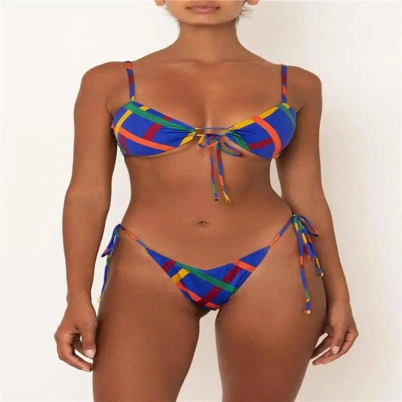 Split bikini with solid color strap-Stripe-1