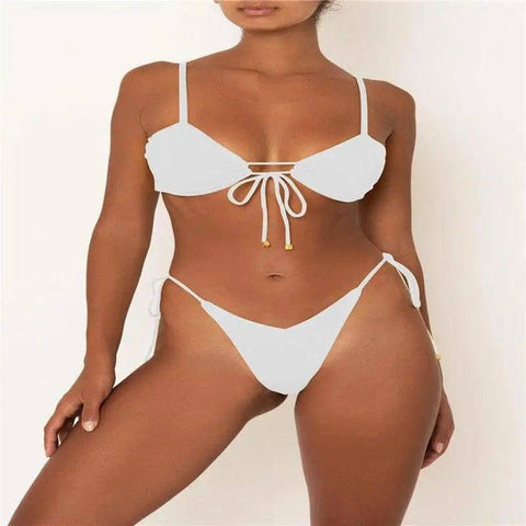 Split bikini with solid color strap-White-10